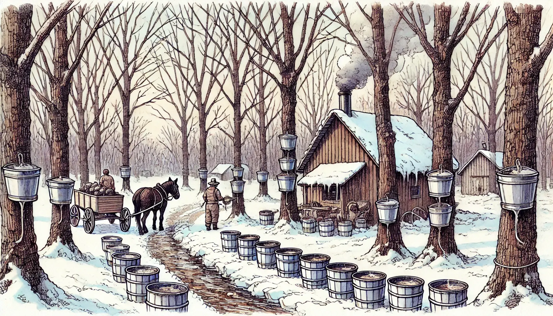 A winter scene in a snowy forest with leafless trees. Buckets collect sap for maple syrup. A horse pulls a cart with two people on a snowy path leading to a wood cabin with smoke from its chimney. Additional small buildings are in the background.