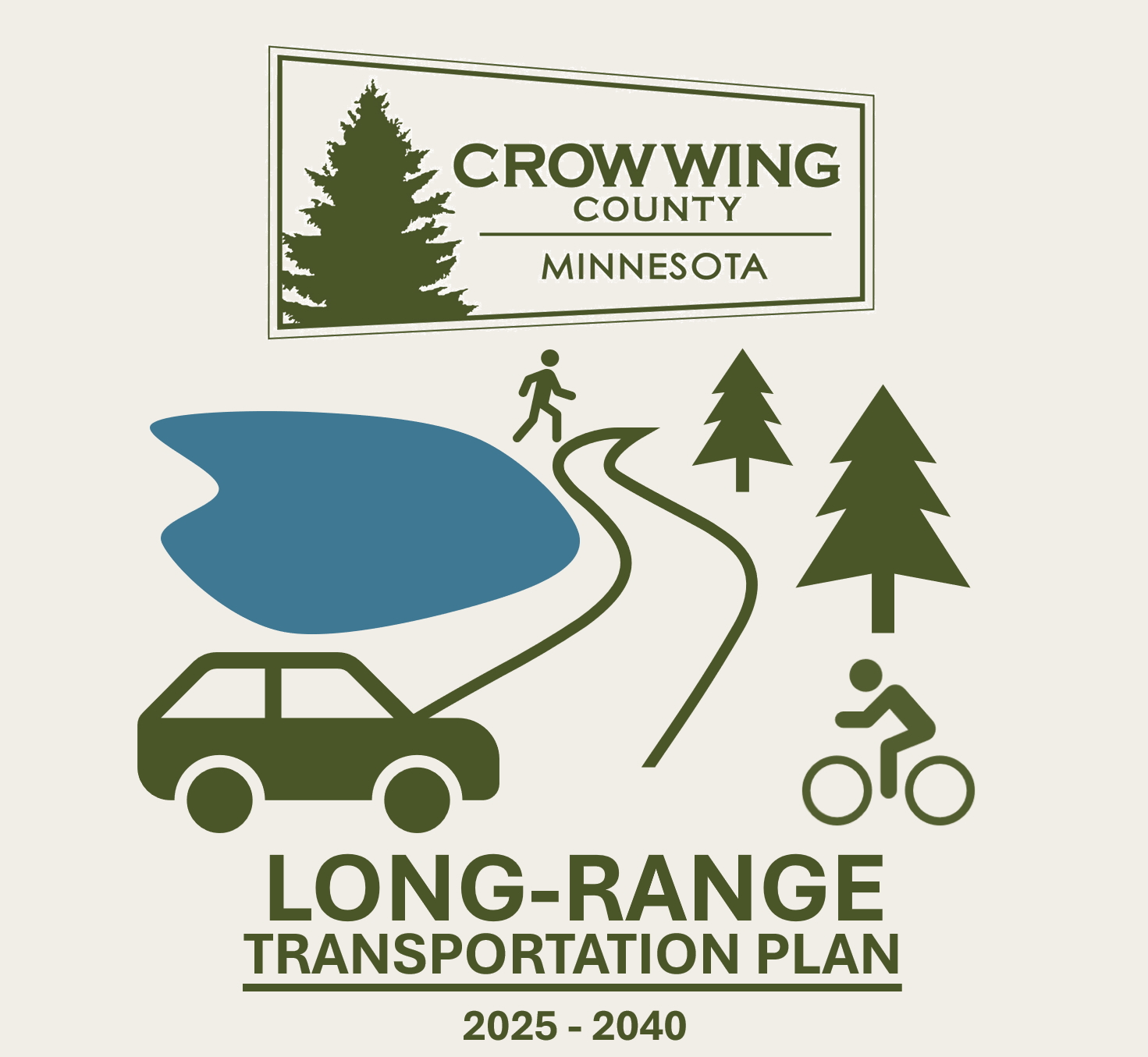 Logo for Crow Wing County, Minnesota, with a tree, road, car, lake, pedestrian, and cyclist icons. Text reads: "Long-Range Transportation Plan 2025-2040.